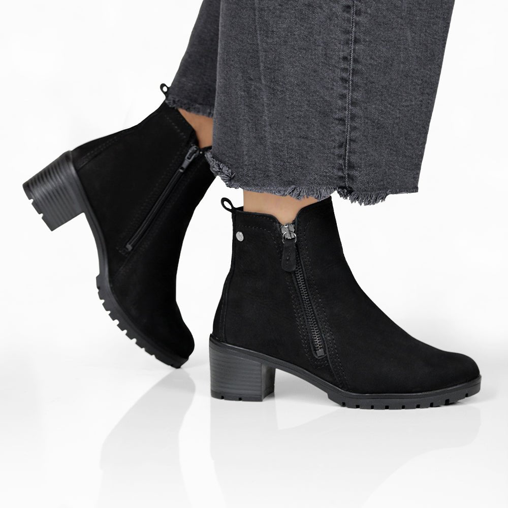 Minfot Rue Boots med klack Dame Dubbelzip Nubuck Sort