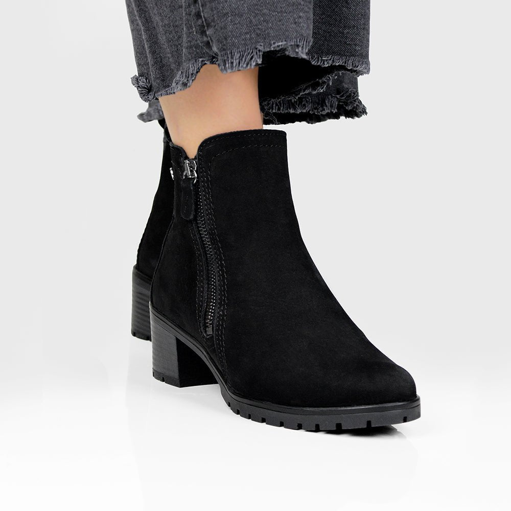Minfot Rue Boots med klack Dame Dubbelzip Nubuck Sort