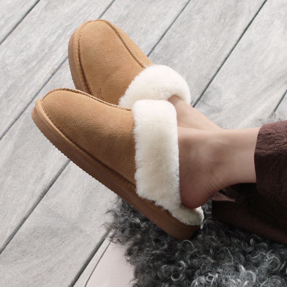 Minfot Fåreskinds Hjemmesko Slip-on Duved med såle Chestnut