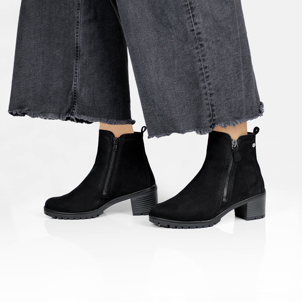 Minfot Rue Boots med klack Dame Dubbelzip Nubuck Sort
