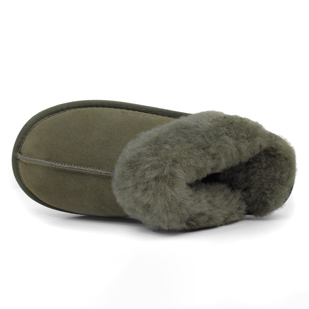 Minfot Fåreskinds Hjemmesko Slip-on Duved med såle Mørk Olivengrøn