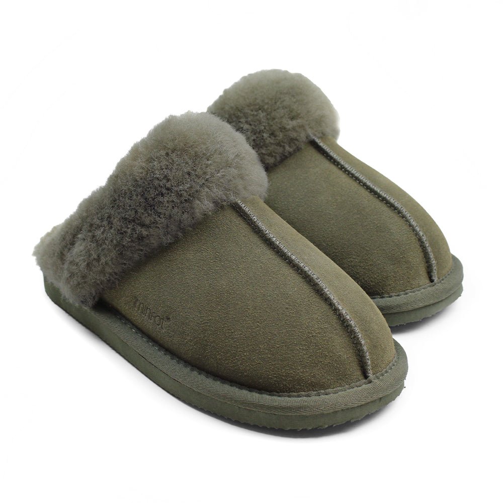 Minfot Fåreskinds Hjemmesko Slip-on Duved med såle Mørk Olivengrøn