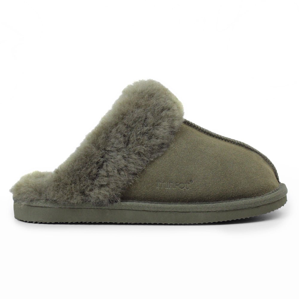 Minfot Fåreskinds Hjemmesko Slip-on Duved med såle Mørk Olivengrøn