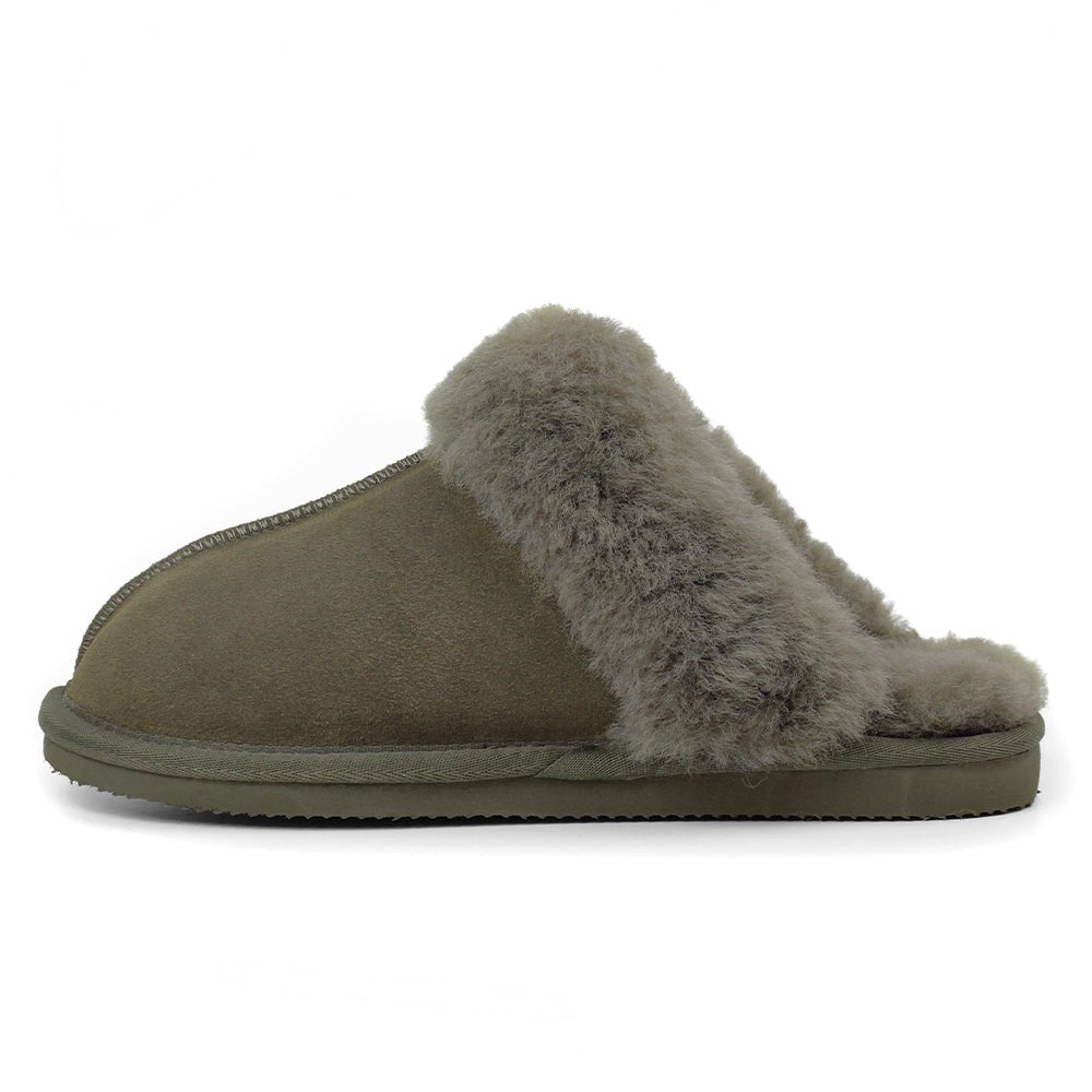 Minfot Fåreskinds Hjemmesko Slip-on Duved med såle Mørk Olivengrøn