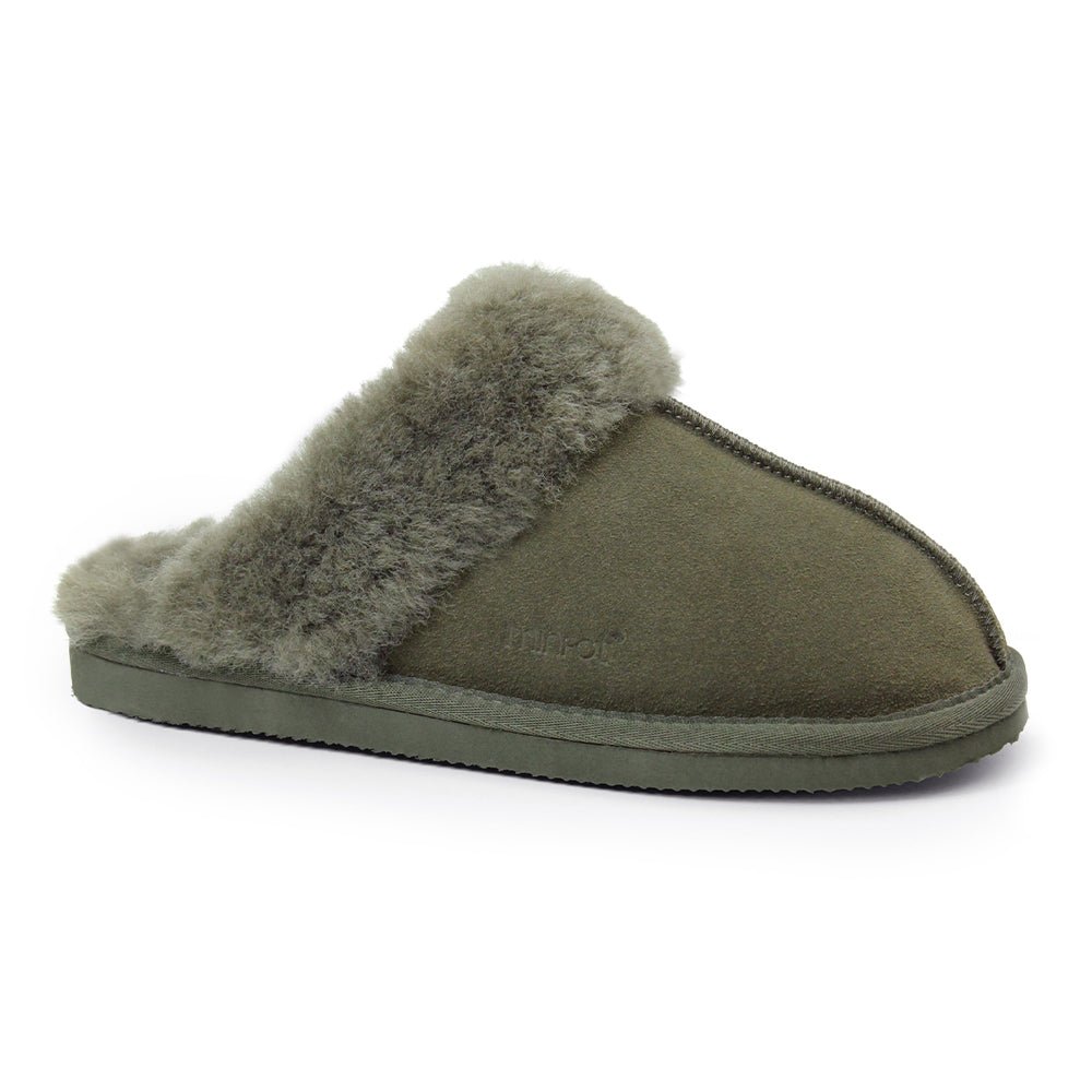 Minfot Fåreskinds Hjemmesko Slip-on Duved med såle Mørk Olivengrøn