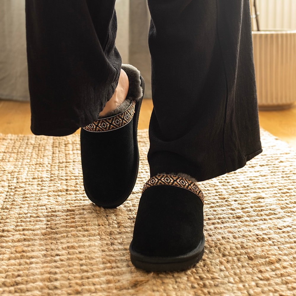 Minfot Fåreskind Hjemmesko Slip-on Myre med Sål Sort