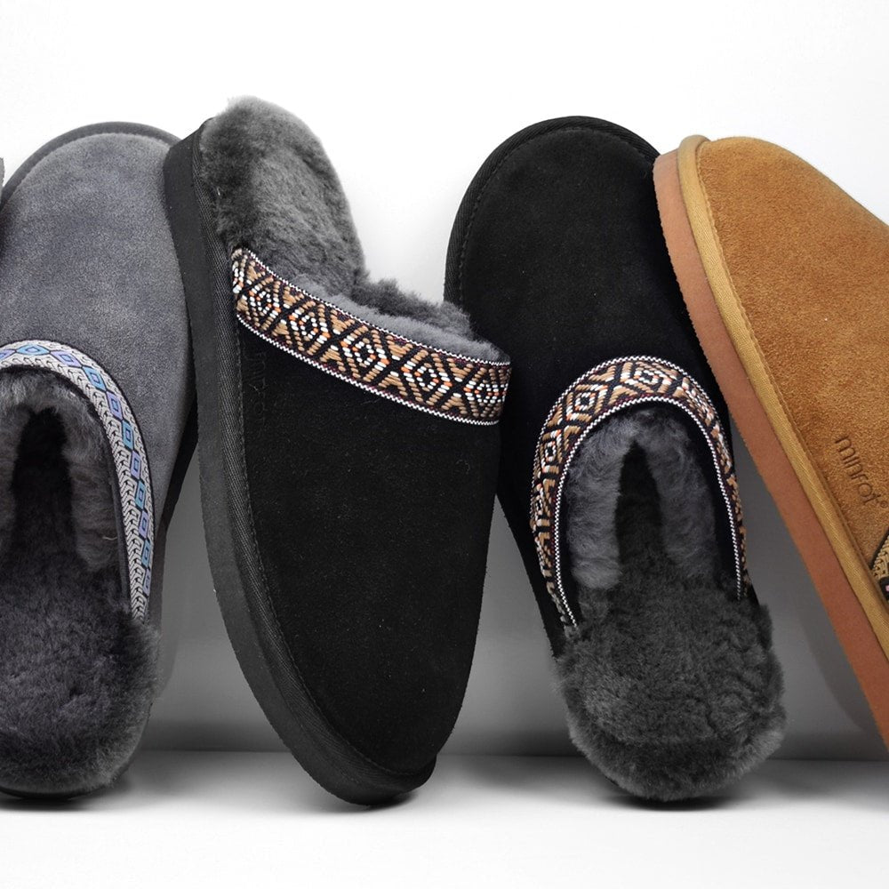 Minfot Fåreskind Hjemmesko Slip-on Myre med Sål Sort