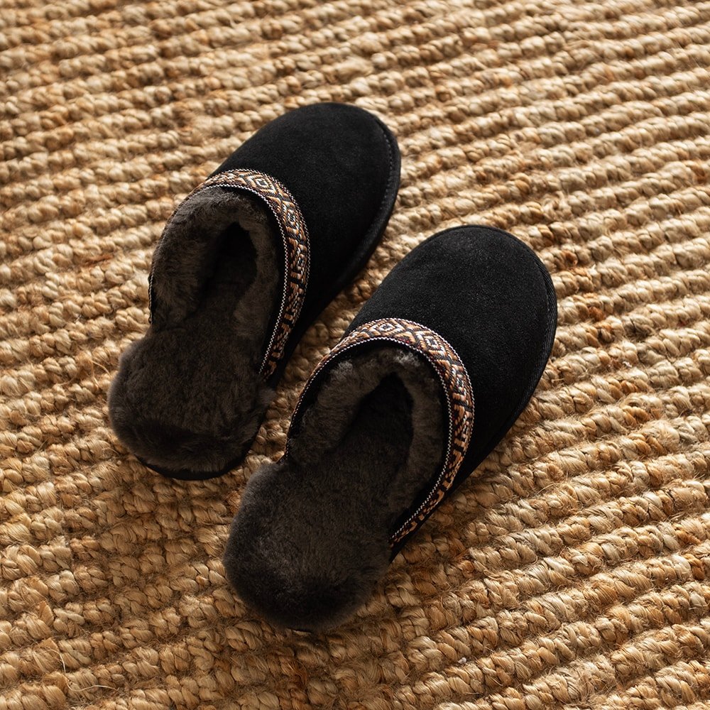 Minfot Fåreskind Hjemmesko Slip-on Myre med Sål Sort