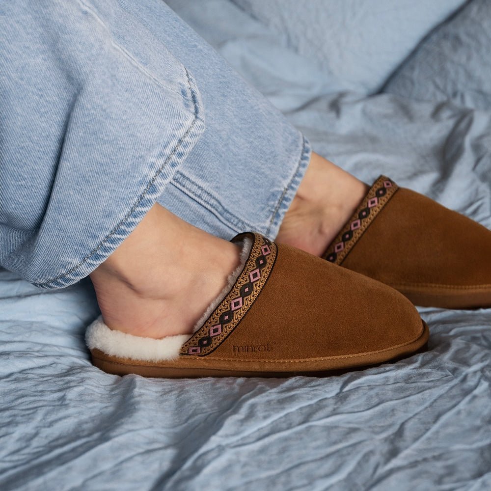 Minfot Fåreskind Hjemmesko Slip-on Myre med Sål Chestnut