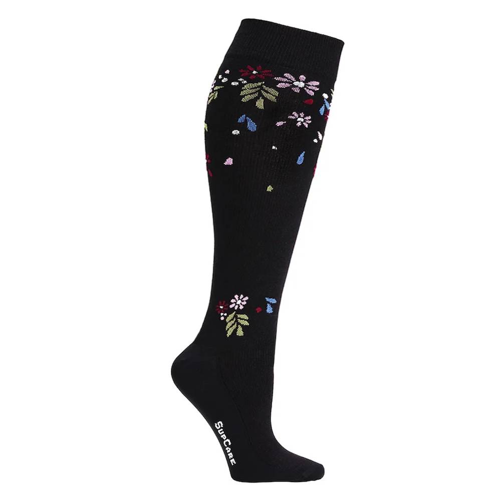 SupCare Stödstrumpor Bred Eko Bomull Flower Shower Svart