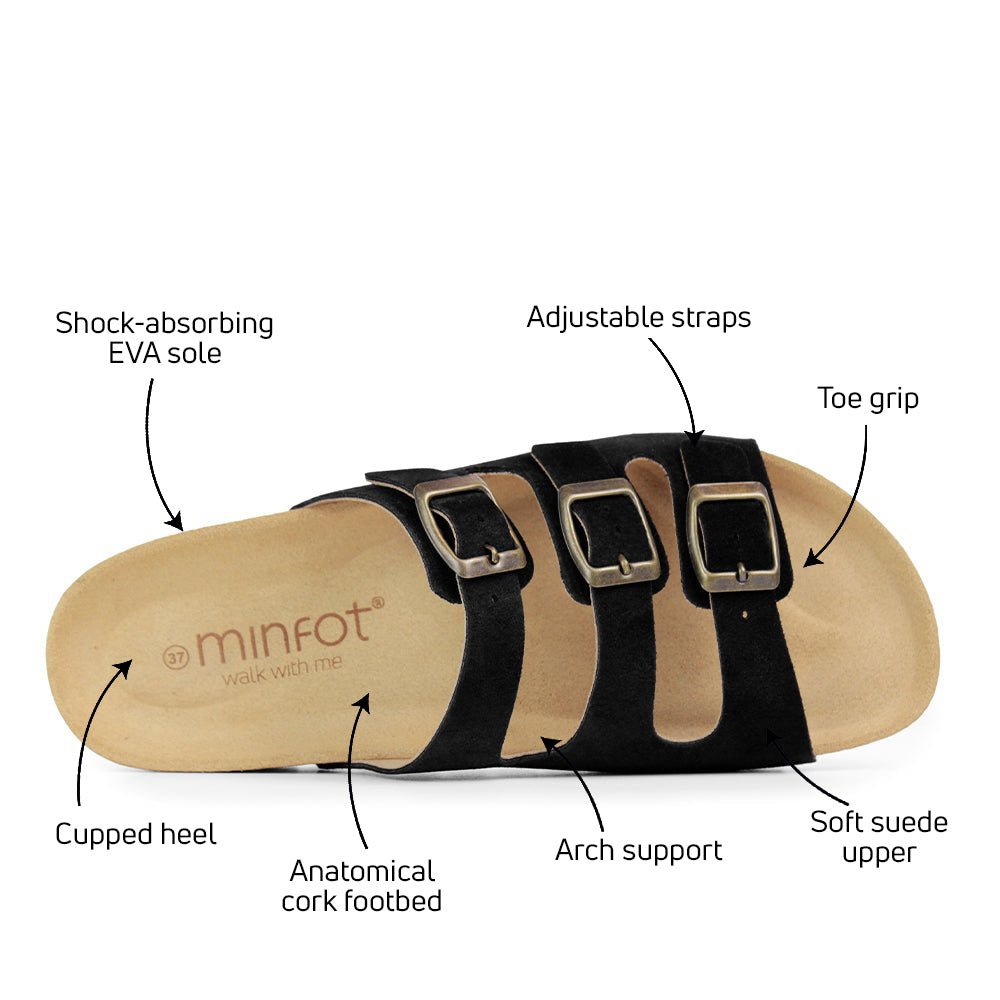 Minfot Lo Biosandaler Dame Ruskind Anatomisk 3-remme Sort